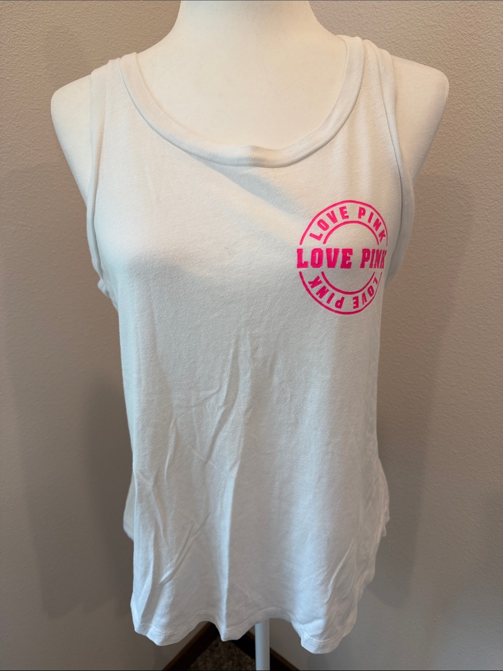 PINK Victoria's Secret White Tank Top with Neon Pink 'Love Pink' Medium